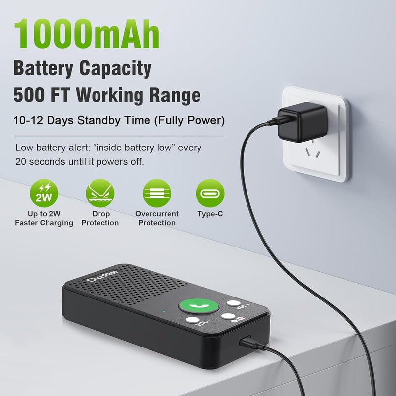 ChunHee 2 Way intercom System for Elderly, Full Duplex Hands Free Talk Wireless Intercom System, Push to Talk | 1000mAh Battery | No WiFi | Cell Needed (2-Pack) - Image 2